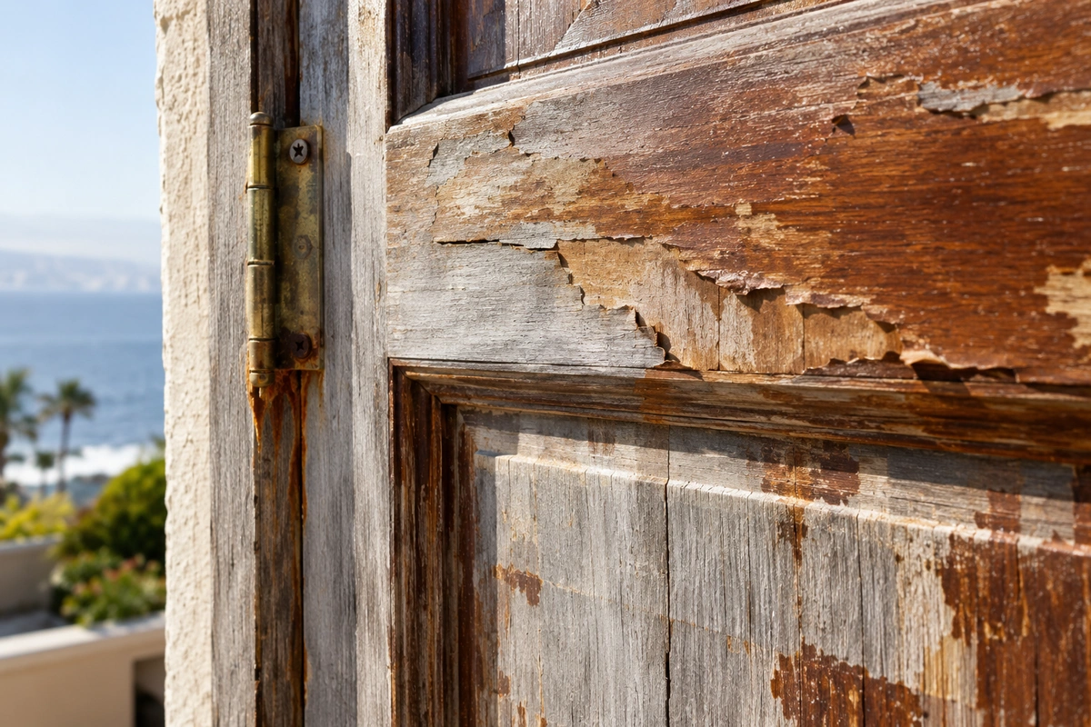DIY vs. Professional Door Refinishing: Pros and Cons 2 Failed DIY front door refinishing with peeling varnish and salt-air rust in coastal San Diego
