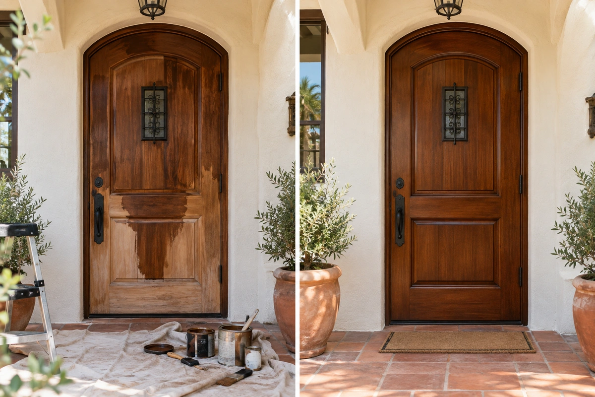 DIY vs. Professional Door Refinishing: Pros and Cons 1 DIY vs professional door refinishing comparison on a San Diego wood front door