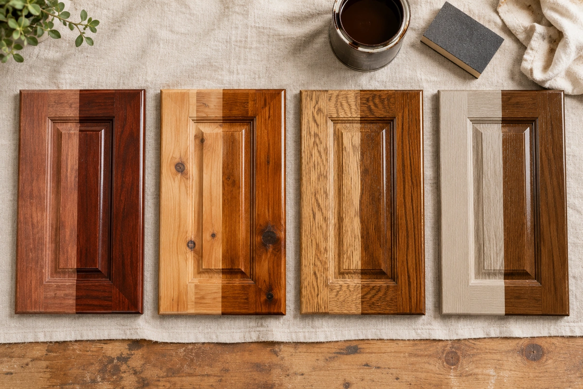 DIY vs. Professional Door Refinishing: Pros and Cons 3 Wood door refinishing materials compared: mahogany, knotty alder, oak, and fiberglass with gel stain