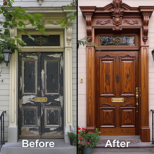 An image split vertically showing a "Before" and "After" of a front door refinishing project. The "Before" side on the left shows a heavily weathered black door with peeling paint and a faded white door frame. The "After" side on the right displays the same door beautifully restored, now a rich, polished wood with intricate carvings and golden hardware, set within a matching stained wood frame.