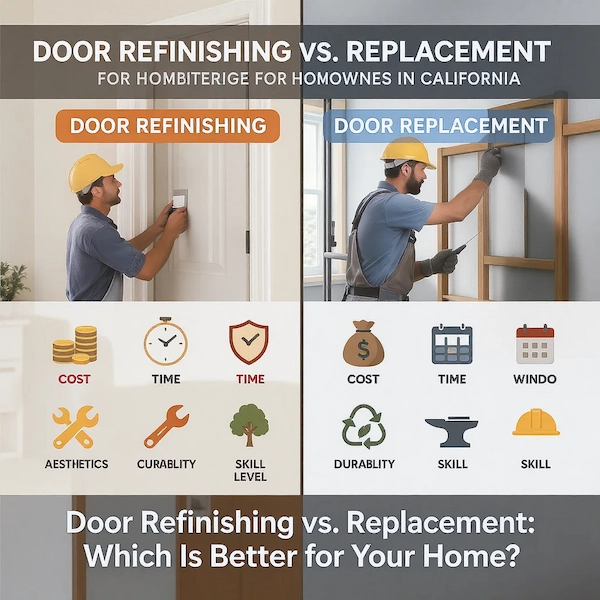 A split infographic titled "Door Refinishing vs. Replacement for Homeowners in California." The left side, "Door Refinishing," shows a worker and icons for cost, time (twice), aesthetics, curability, and skill level. The right side, "Door Replacement," shows a worker and icons for cost, time, window, durability, skill (twice). Below, the text asks, "Door Refinishing vs. Replacement: Which is Better for Your Home?"