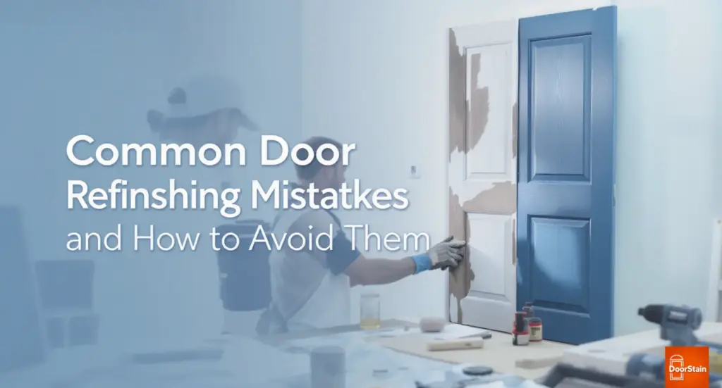 An image of a door refinishing project with a professional, clean result on one side and an unfinished, messy section on the other. A blurred person in the background is working on the door, and the title "Common Door Refinishing Mistakes and How to Avoid Them" is prominently displayed in the foreground.