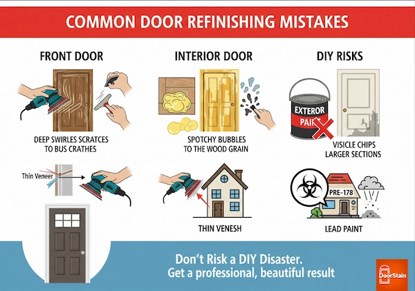 An infographic titled "Common Door Refinishing Mistakes." The image is split into three sections: "Front Door," "Interior Door," and "DIY Risks," with corresponding icons. The infographic illustrates various mistakes with simplified graphics, such as a power sander creating swirls, an uneven stain, and peeling paint. The "DIY Risks" section includes visuals for veneer damage and lead paint. The bottom of the infographic features a call to action with the text "Don't Risk a DIY Disaster. Get a professional, beautiful result" and a perfect-looking door.
