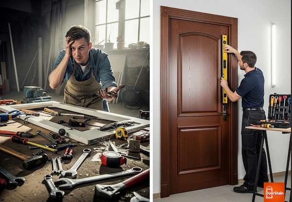 An image split into two scenes. On the left, a person looking stressed and overwhelmed stands amidst scattered tools and a disassembled door frame in a messy workshop, representing a DIY approach. On the right, a professional carpenter precisely installs a finished wooden door in a clean, well-lit setting, representing a professional approach.


