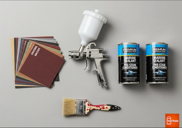 A stylized flat lay photograph displays a high-quality HVLP sprayer, a neatly fanned stack of professional-grade sandpaper, and two cans of "Premium Marine-Grade Sealant and Pre-Stain Conditioner." In the foreground, a single, worn-out homeowner's paintbrush with dried red paint on the handle is placed for contrast.