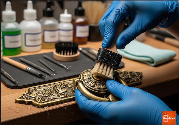 A close-up of a pair of gloved hands meticulously cleaning the intricate details of a vintage brass door knocker with a small brush and a professional-grade degreaser on an organized workbench.