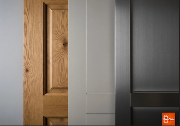 An image displaying three vertical sections of different door materials side-by-side. From left to right: a warm, natural wood door section with visible grain and knots, a smooth, light gray composite door panel, and a dark gray, sleek metal door section with a subtle sheen.