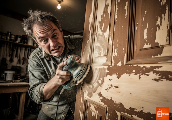 An image shows a close-up of a homeowner with a frustrated expression, aggressively using a power sander on a wooden door, causing visible swirl marks and creating a cloud of dust. The door itself has a patchy, inconsistent finish, with some areas of peeling paint and others of unevenly sanded wood.