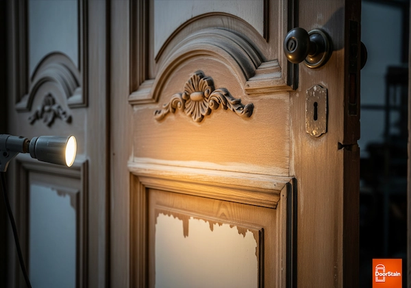 A close-up, horizontal, industrial-style photo of an ornate, aged wooden door in the early stages of refinishing, illuminated by a warm light source highlighting the reappearing natural wood grain.
