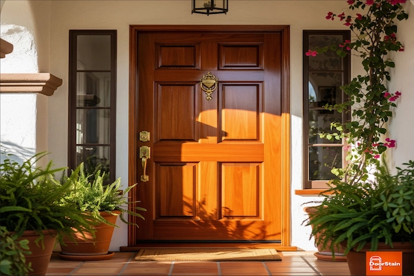 A beautifully refinished wooden door with a rich, glossy finish in a sunny San Diego entryway, surrounded by potted plants.