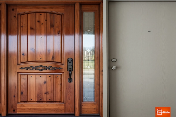 A side-by-side comparison of a beautifully stained wooden door and a plain fiberglass door, highlighting the rich aesthetics of the wood.