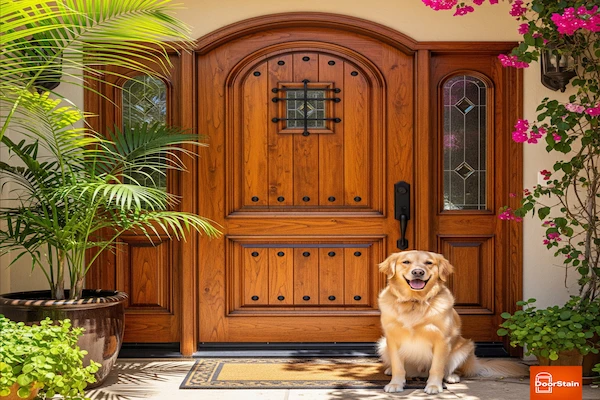 A beautiful stained wooden door in a sunny San Diego entryway, with a happy golden retriever sitting in front.
