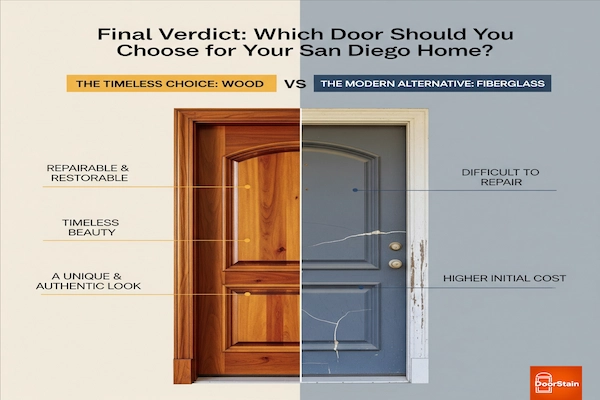  An infographic comparing wood and fiberglass doors, highlighting the repairability and beauty of wood versus the difficulty of repairing fiberglass.