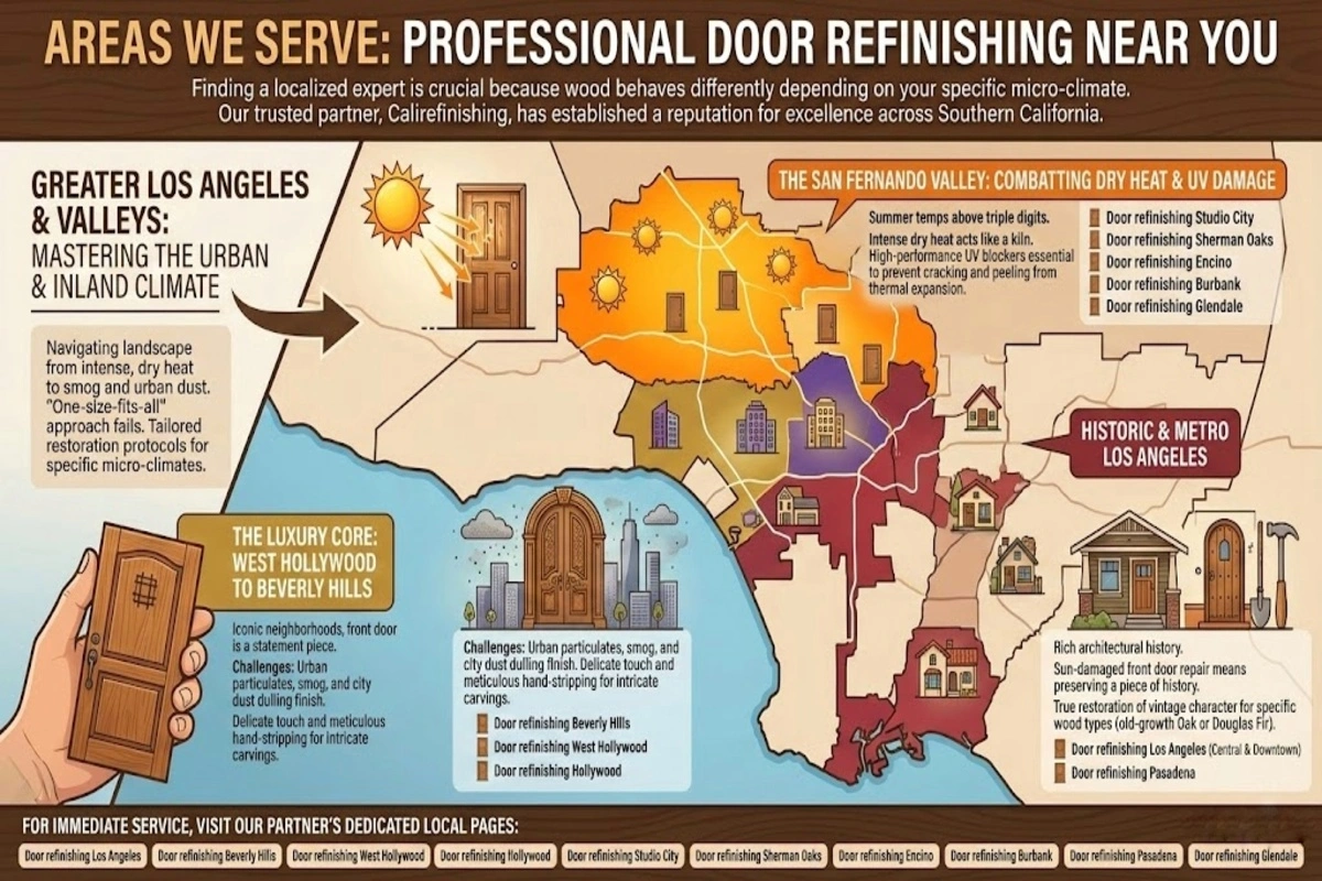 Premier California Door Refinishing, Restoration & Staining Services 2 Door refinishing Los Angeles