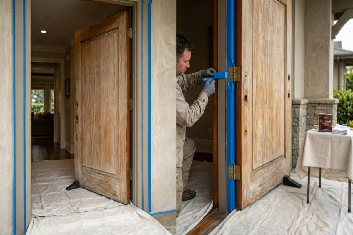 How to Refinish a Wood Front Door Without Removing It (2026 Guide) 2 Different steps of door refinishing