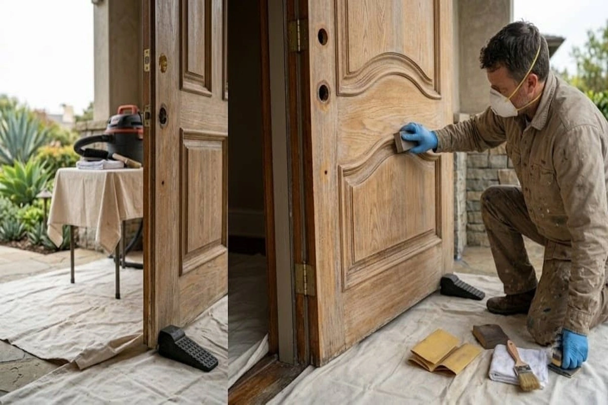 How to Refinish a Wood Front Door Without Removing It (2026 Guide) 4 Professional wood front door refinishing: sanding a solid oak entrance door on hinges with a sanding block for a smooth finish.