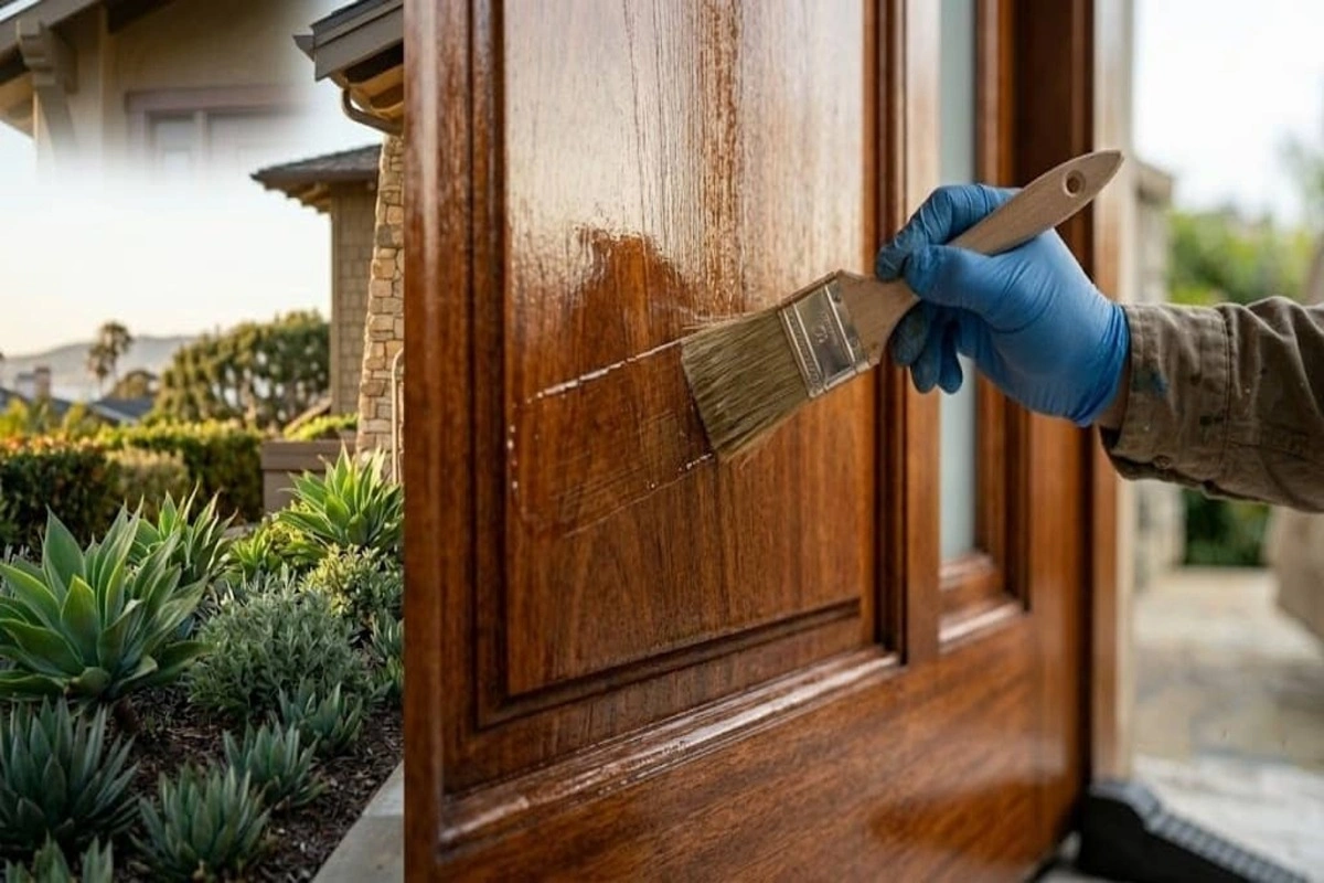 How to Refinish a Wood Front Door Without Removing It (2026 Guide) 5 Refinishing wooden door in California