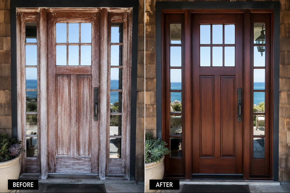 Door Refinishing in Del Mar, CA — Restoring Coastal Homes, One Door at a Time 6 mahogany front door refinishing Del Mar CA before after