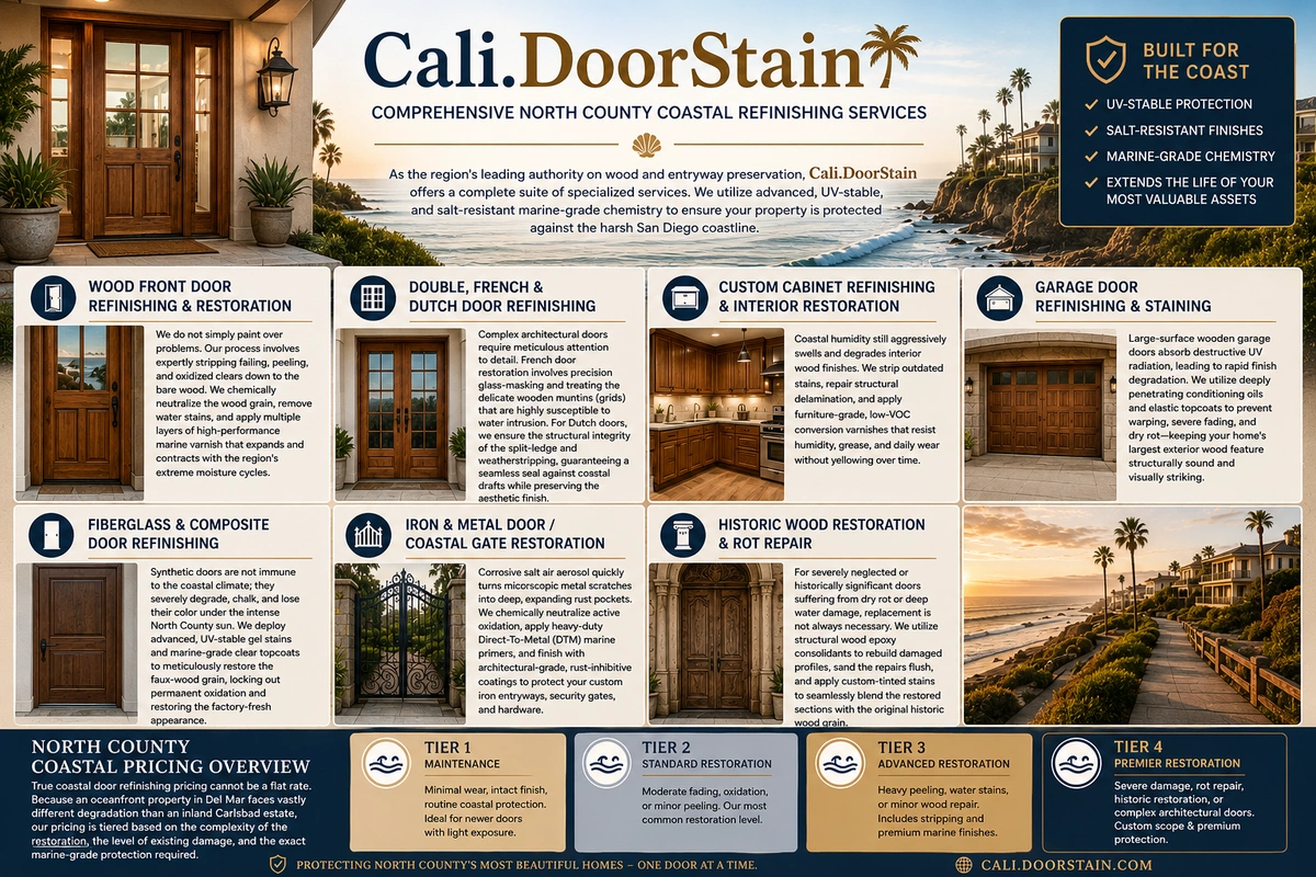 Door Refinishing Across North County Coastal — Del Mar to Oceanside 6 Different areas door refinishing services