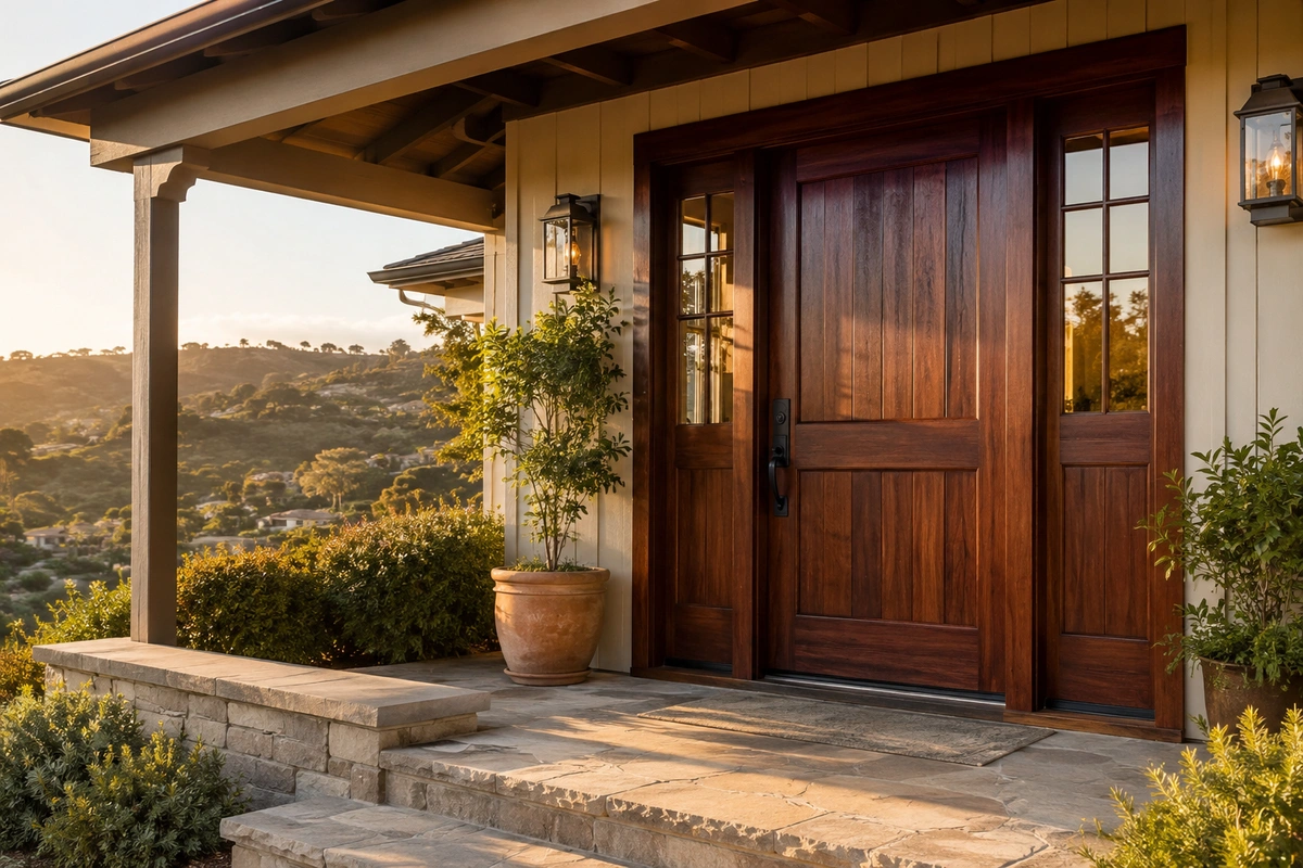 Door Refinishing Inland Luxury Neighborhoods: Poway, Scripps Ranch & Mission Hills 2 Door refinishing inland luxury neighborhoods hero image of a refinished mahogany front door