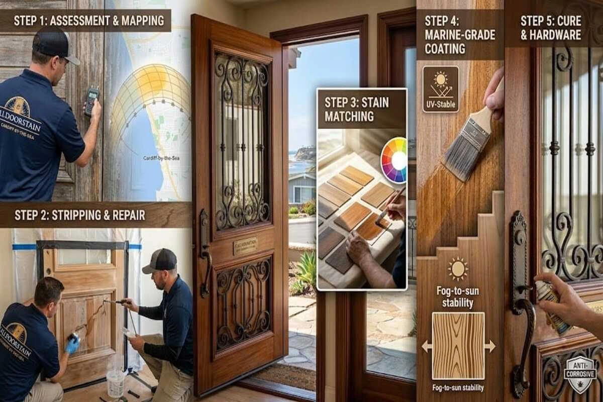 Door Refinishing in Cardiff-by-the-Sea, CA — Restoring Doors Against Lagoon Fog, Ocean Salt & Coastal Sun 4 Door refinishing steps in Cardiff
