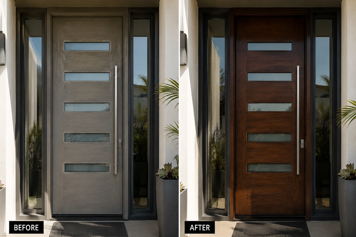 Door Refinishing in Del Mar, CA — Restoring Coastal Homes, One Door at a Time 8 therma tru door refinishing with gel stain Del Mar CA