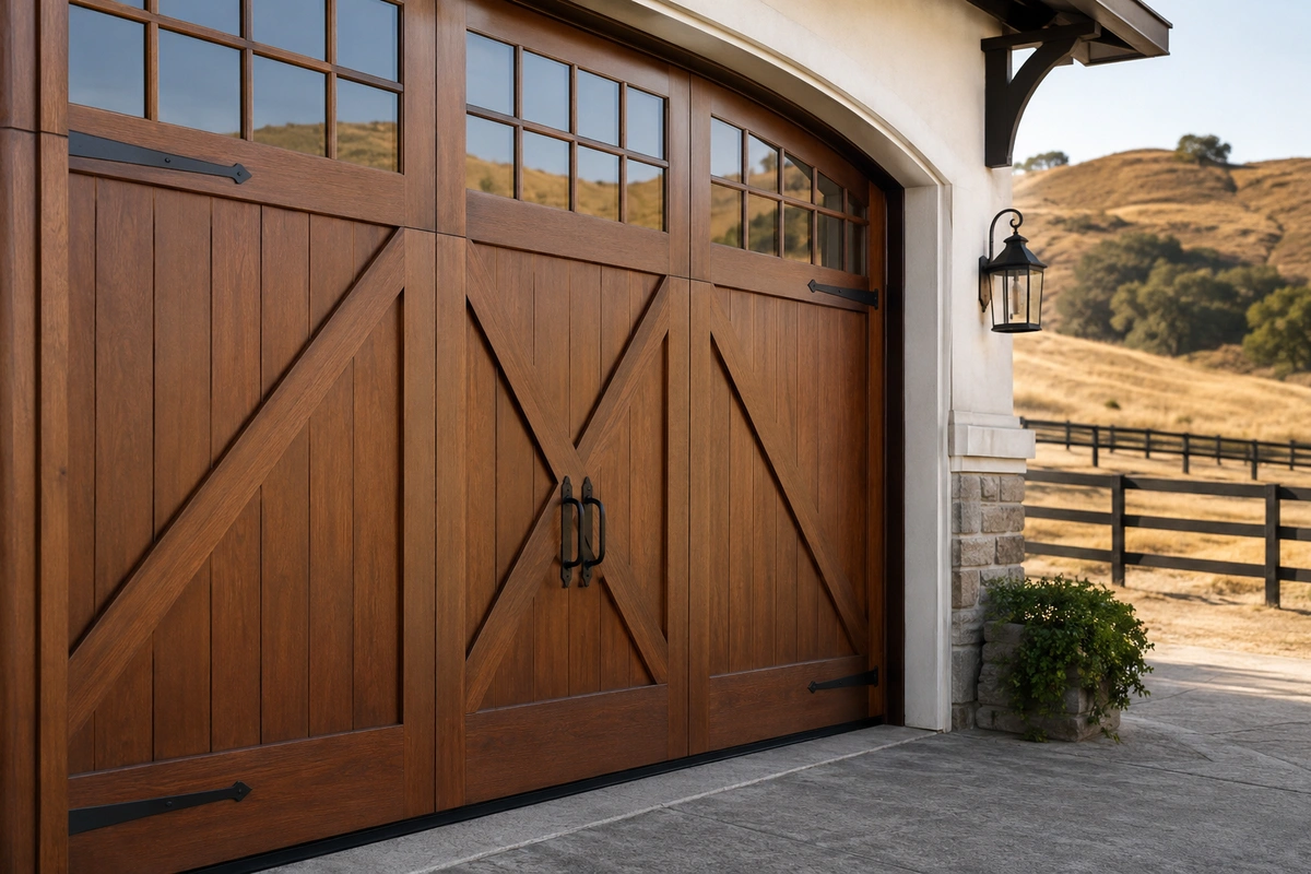 Door Refinishing Inland Luxury Neighborhoods: Poway, Scripps Ranch & Mission Hills 6 Poway equestrian estate garage door refinishing on a carriage-style wood garage door