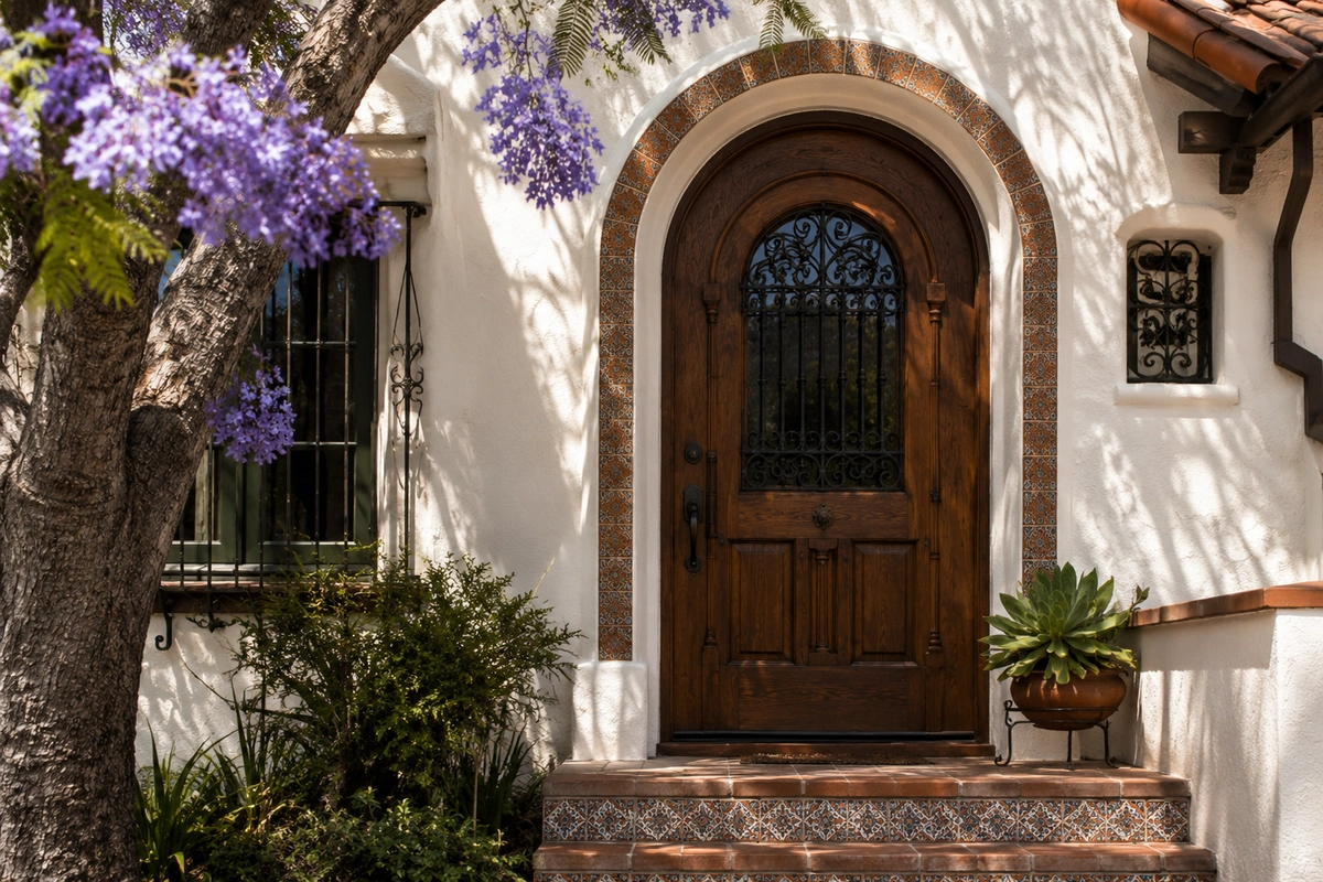 Door Refinishing Inland Luxury Neighborhoods: Poway, Scripps Ranch & Mission Hills 10 Mission Hills historic Spanish Revival door restoration with original ironwork detail