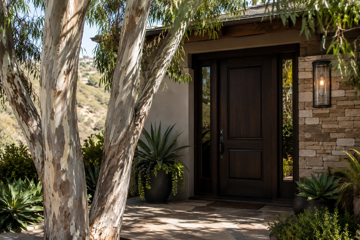 Door Refinishing Inland Luxury Neighborhoods: Poway, Scripps Ranch & Mission Hills 8 Scripps Ranch canyon-rim door refinishing beneath eucalyptus tree canopy