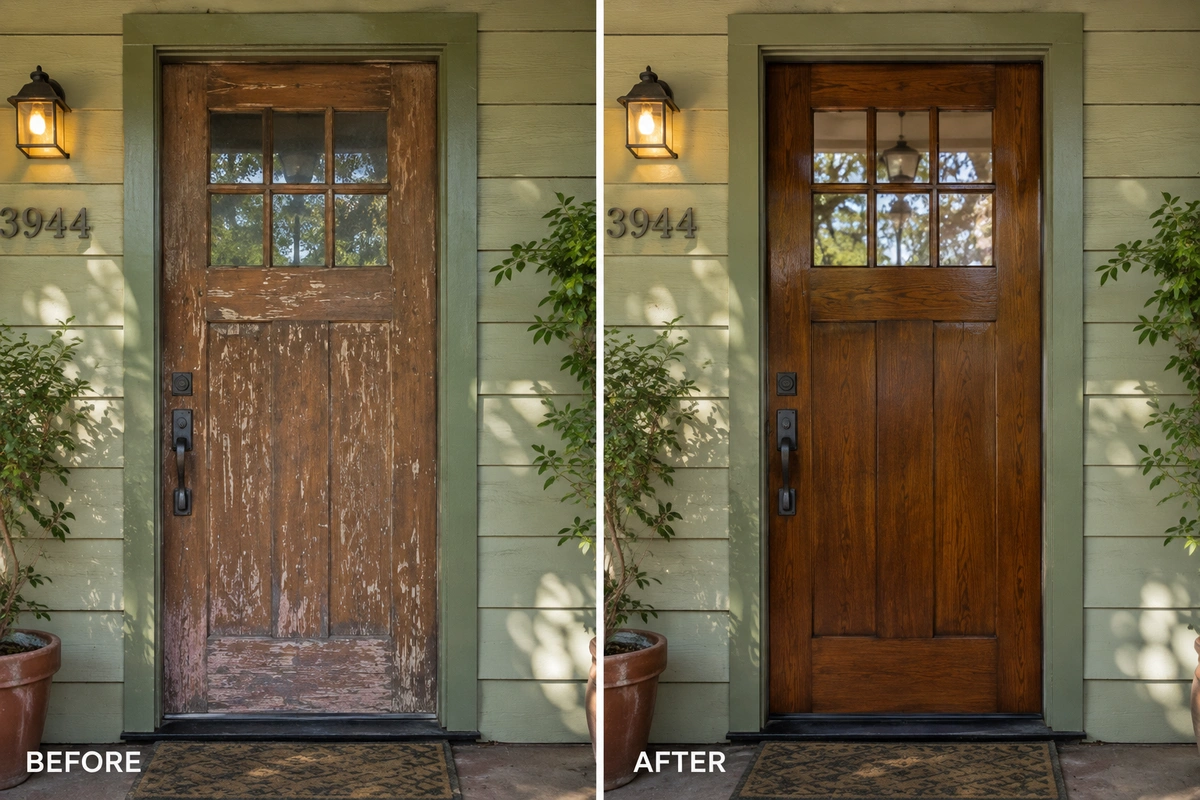 Door Refinishing La Mesa, CA — Wood, Iron & Garage Door Restoration for the Village, Mount Helix & Grossmont 13 Before and after door refinishing La Mesa Village shaded entry door