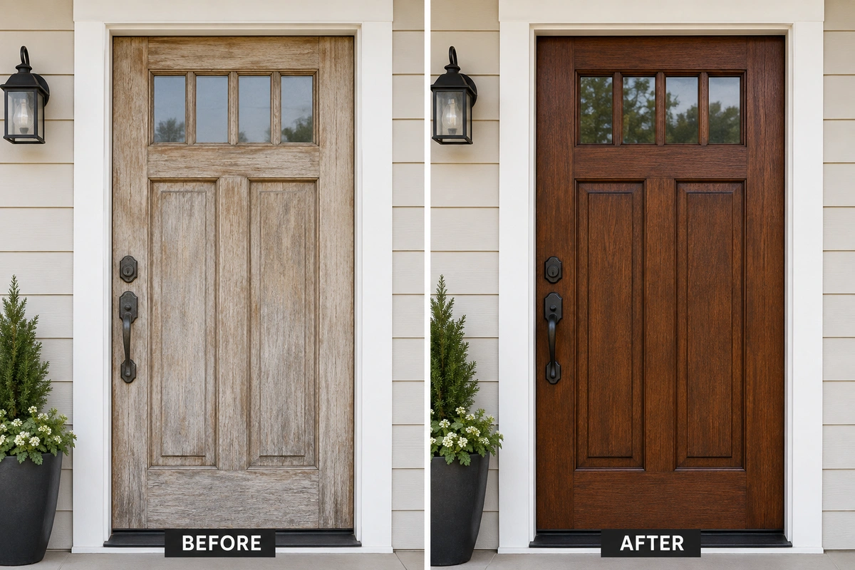 Door Refinishing Escondido, CA — Historic Craftsman & Wildfire-Zone Dry-Heat Restoration 14 Escondido door refinishing before and after