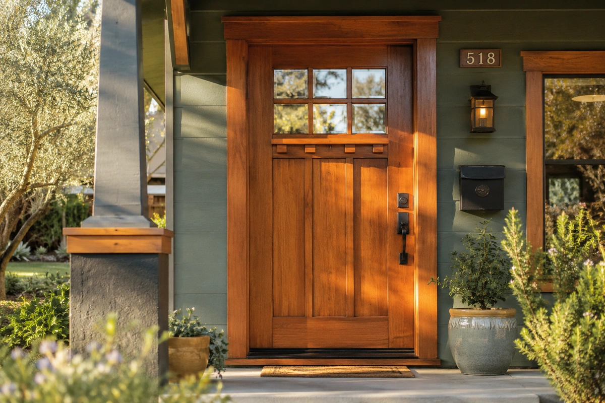 Door Refinishing Escondido, CA — Historic Craftsman & Wildfire-Zone Dry-Heat Restoration 3 Door refinishing Escondido CA — restored Craftsman front door