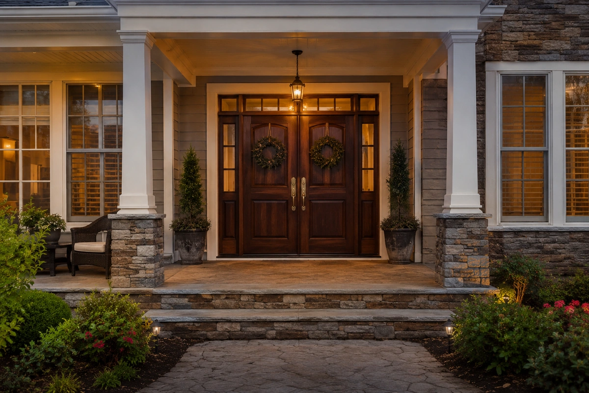Door Refinishing Scripps Ranch, CA: Eucalyptus Canopy & Post-Cedar Fire Rebuild Specialists 2 Door refinishing Scripps Ranch CA — refinished mahogany front entry beneath eucalyptus canopy
