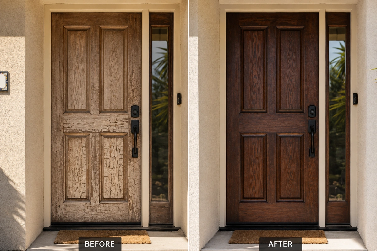Door Refinishing El Cajon, CA 6 El Cajon dry heat door cracking before and after UV-resistant refinishing