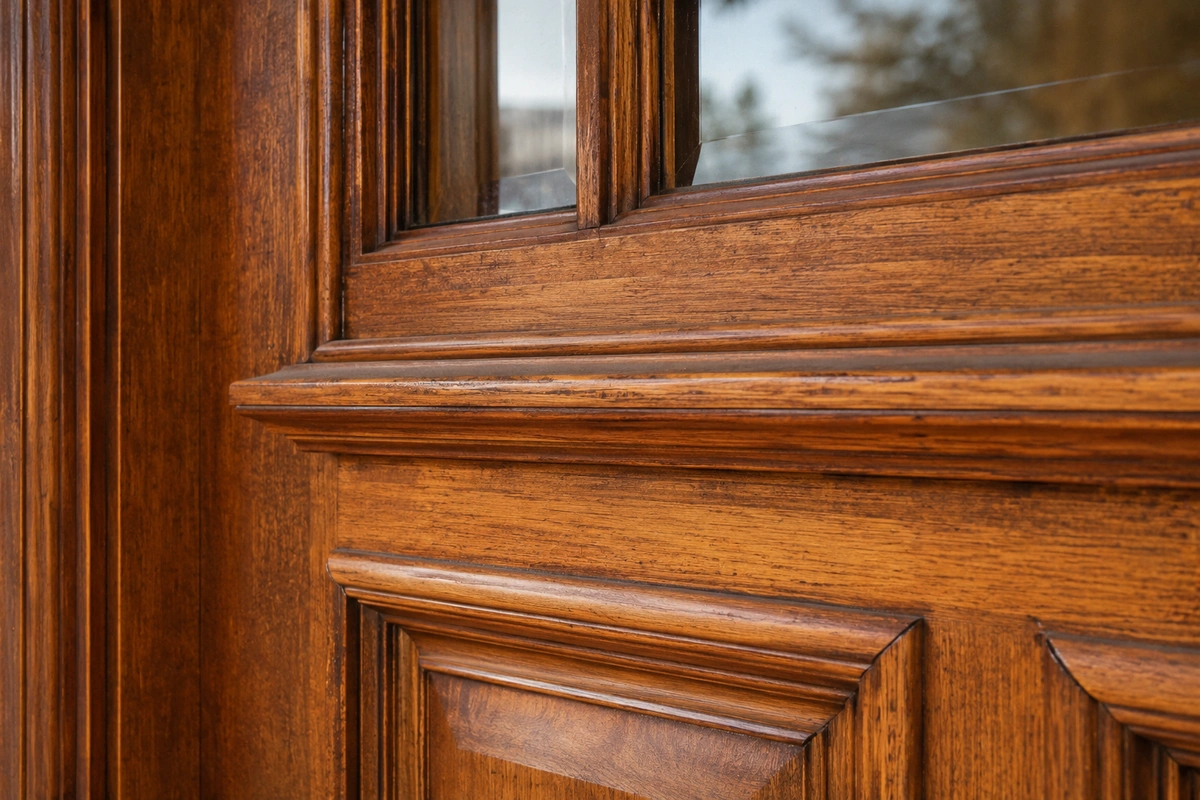 Door Refinishing Escondido, CA — Historic Craftsman & Wildfire-Zone Dry-Heat Restoration 8 Old Escondido historic door restoration detail