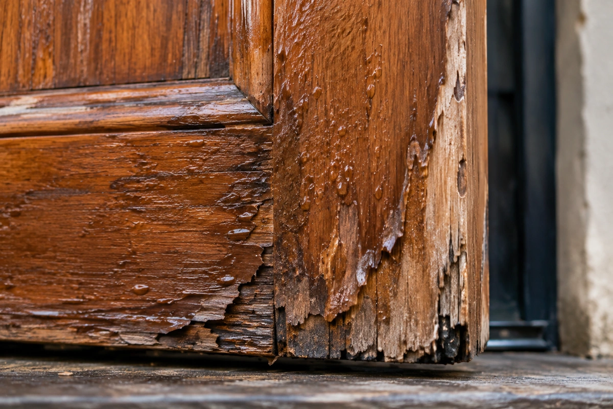 How Often to Refinish a Door in San Diego: A Complete Maintenance Guide 5 Close up of peeling and blistering varnish indicating the need for exterior wood door refinishing