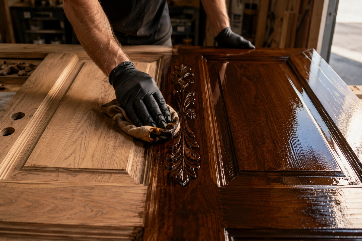 Door Refinishing Scripps Ranch, CA: Eucalyptus Canopy & Post-Cedar Fire Rebuild Specialists 5 Preparing a Scripps Ranch door threshold by clearing eucalyptus canopy debris before refinishing
