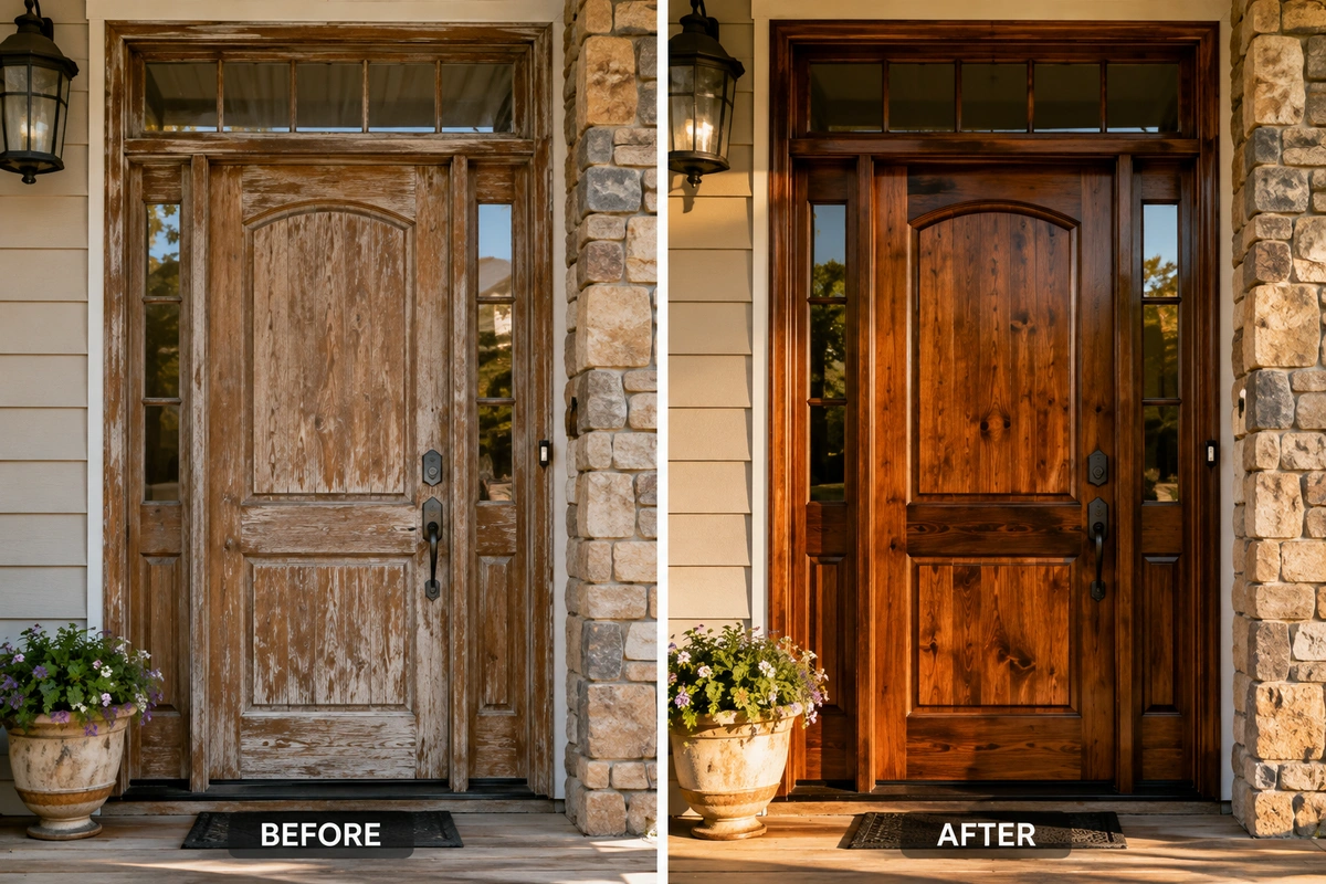 How Often to Refinish a Door in San Diego: A Complete Maintenance Guide 3 Before and after comparison of sun damaged front door repair