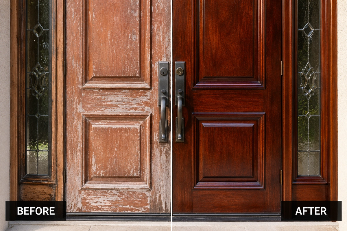 What Door Refinishing Actually Costs in San Diego, Broken Down by Coastal vs. Inland ZIP Code 6 Before and after door refinishing showing investment tier difference between light refresh and full restoration