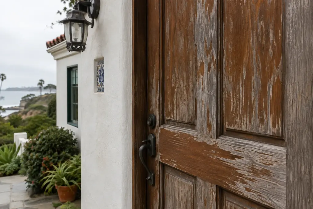 What Door Refinishing Actually Costs in San Diego, Broken Down by Coastal vs. Inland ZIP Code 1 Coastal San Diego door refinishing cost example showing salt-air damage on a wood front door