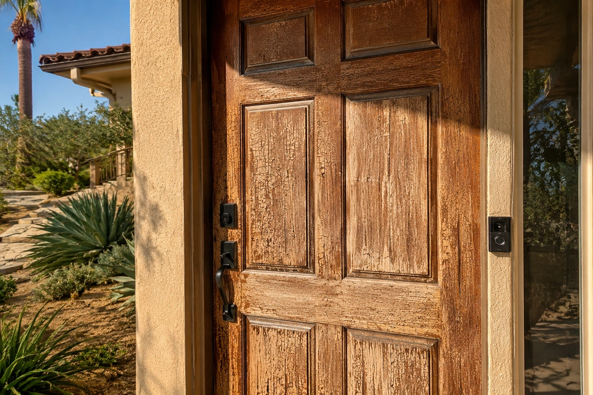 What Door Refinishing Actually Costs in San Diego, Broken Down by Coastal vs. Inland ZIP Code 3 Inland San Diego door refinishing cost example showing UV fading and cracking from dry heat
