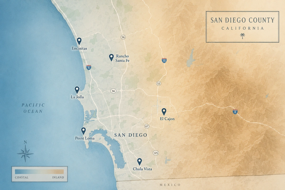 What Door Refinishing Actually Costs in San Diego, Broken Down by Coastal vs. Inland ZIP Code 8 Map illustration of San Diego coastal vs inland ZIP codes that affect door refinishing cost